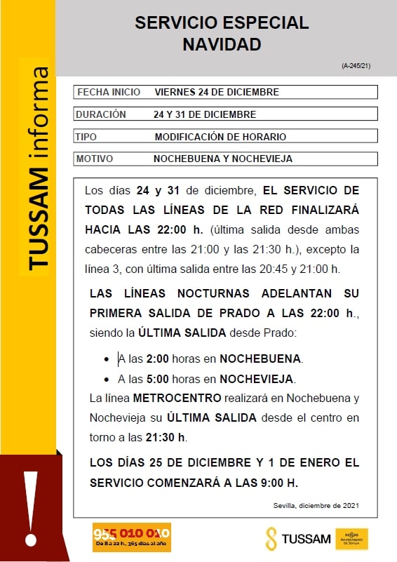 TUSSAM: Cambios en los servicios de autobuses los días 24 y 31 de diciembre en Sevilla